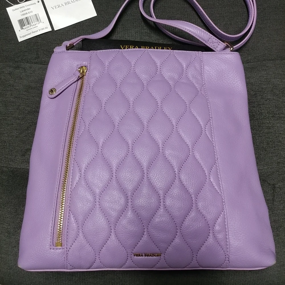 Vera Bradley Genuine Leather Quilted Molly Crossbody Lavender Purple Purse - Picture 14 of 16